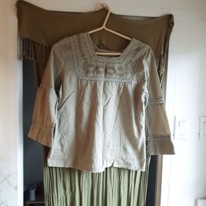 Sage green boho top with lace & embroidery